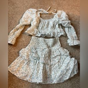 Two-piece white and blue floral outfit